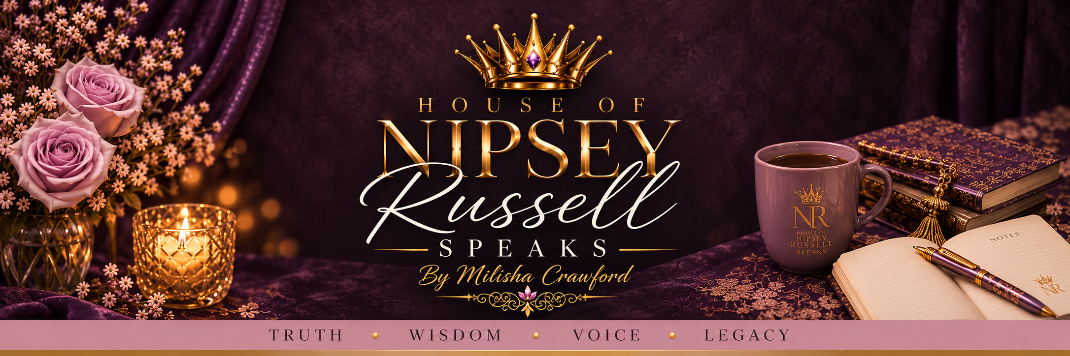 House of Nipsey Russell Speaks by Milisha Crawford, with gold crown, dusty pink roses, lavender, candlelight and ornate journals