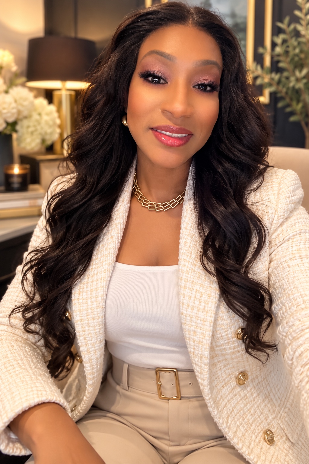 Milisha Crawford wearing a cream tweed jacket and gold jewellery