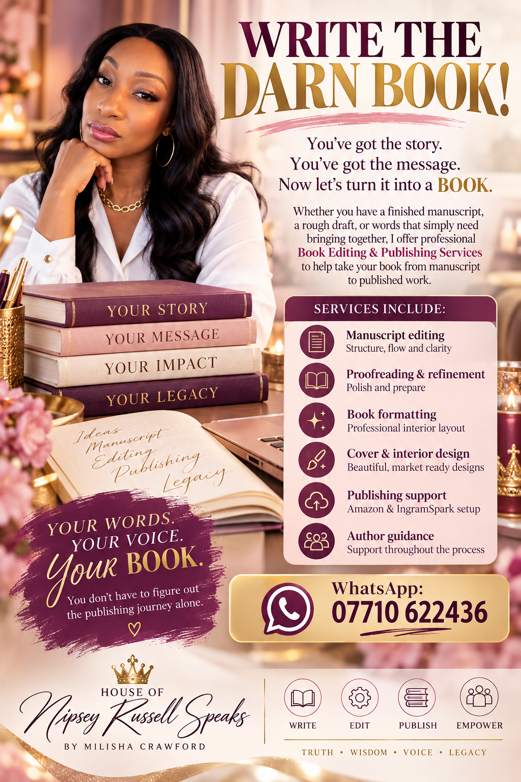 Write the Darn Book publishing services: manuscript editing, proofreading, formatting, cover and interior design, publishing support and author guidance